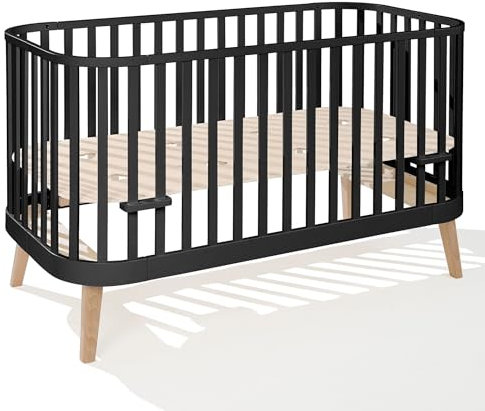 ATB MEBLE Gitterbett 140x70 cm - 2in1 Babybett Kinderbett - Principal Beistellbett Baby aus Holz - Bett Baby Mitwachsend - Kinderbett umbaubar - Jugendbett - Schwarz