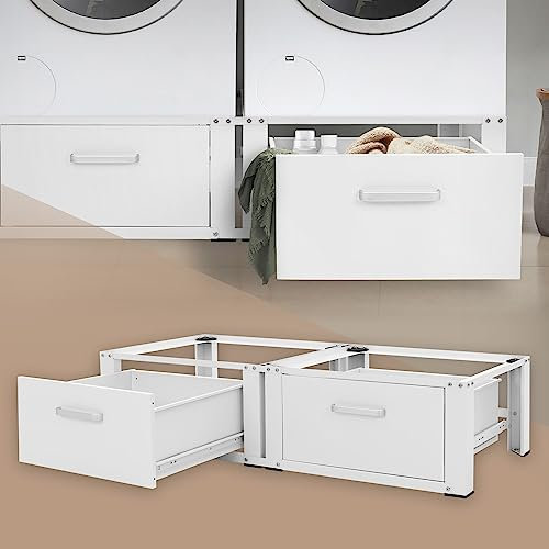 ML-Design Pedestal Doble para Lavadora o Secadora Blanco 128 x 53.5 x 31.5 cm de Acero, Capacidad hasta 150kg x2 Soporte Base Estable y Robusta Bastidor Universal con 2 Cajones de Almacenamiento