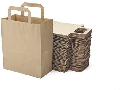 Lote de 50 bolsas de papel Kraft con asas planas, 22 x 10 x 28 cm, sólido para las carreras, envoltura de regalo para cumpleaños, fiestas, boda.