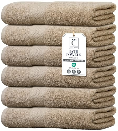 TEXCRAFT Large Bath Towels Set of 6 – 100% Cotton Terry – 24 x 50 – Quick Dry, Soft & Highly Absorbent – Beige Towels for Bathroom, Gym, Spa, Pool & Daily Use
