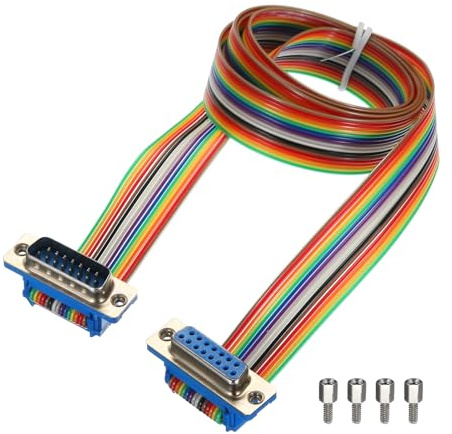 sourcing map IDC Rainbow Wire Flat Ribbon Cable DB15 Male to DB15 Female 39.4 Inch Length 2.54mm Pitch Breadboard Jumper Wires for Electronic Projects