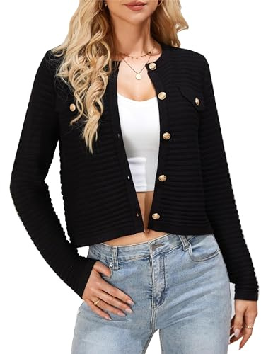 GRACE KARIN Femme Gilet Uni à Manches Longues Grande Taille Cardigan à Col Rond Haut en Tricot Ample Crop Top Tricot XXL Noir