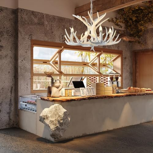 LYSDjia Kronleuchter E27 Retro Pastoraler Stil Harz Geweih Pendelleuchte Antikweiß Kreative Restaurantbeleuchtung Metallkette Höhenverstellbar Kücheninsel Licht Wohnzimmer Schlafzimmer Bar Café Hängel