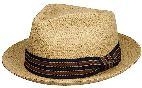 Stetson Yescott Player Raffiahut Naturfarbener Pork Pie Retro UV-Schutz 40 Garniturband Damen Herren Sommer Natur L (58-59 cm)