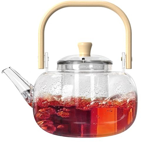 Wlasss Bouilloire en verre de 1000 ml avec infuseur amovible, sans BPA, durable pour thé vert, thé rouge, théière à feuilles transparentes