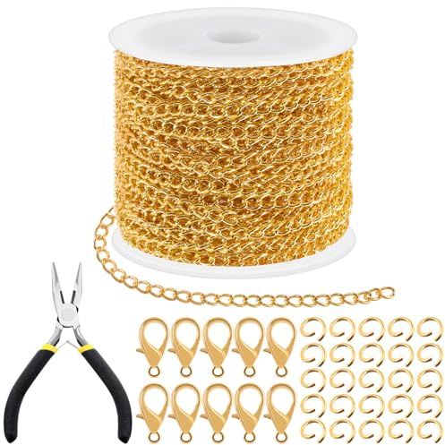 Tanstic 102Pcs 30 Feet Jewelry Making Chains Necklace Chains Bulk Cable Link Chain with 50Pcs Jump Rings, 50Pcs Lobster Clasps, Pliers for Bracelet Necklace Making(Gold)