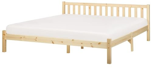 Beliani Holzbett Kiefernholz Hellbraun Lattenrost 180 x 200 cm hohes Kopfteil Florac