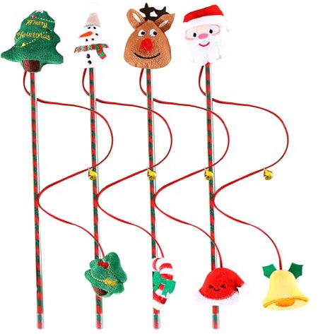 CavspkArt 4 Stück Weihnachten Katze Spielzeug Set,lustige Weihnachtskatzen Zauberstab Spielzeug,Weihnachten interaktive Katze Spielzeug für Kätzchen,Weihnachten Party Decoration