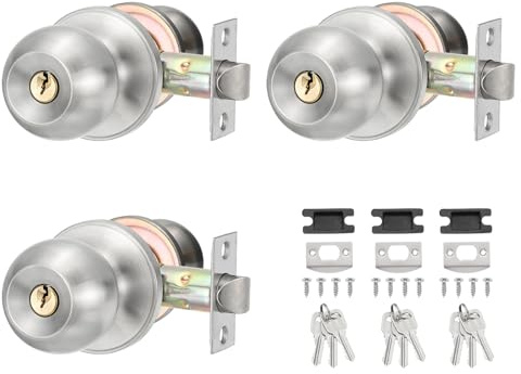 PATIKIL Round Key Entry Door Knobs Interior, 3 Pack Round Stainless Steel Bedroom Bathroom Door Knob with Lock Entry Indoor Outdoor Door, Silver