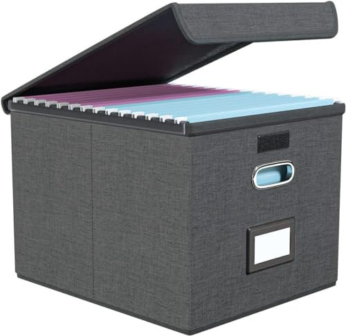 FINEW Stoff Faltbare Aufbewahrungsbox mit Deckel, Hängemappenbox für DIN A4 Hängeregister, Aufbewahrungsboxen für Büro, Faltbox für Familien (Dunkelgrau)