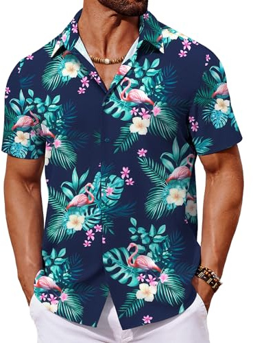 COOFANDY Hawaiianska skjortor för män, kortärmad, tropisk, vardaglig, sommar, strandskjortor, button-down-skjortor, Flamingo marinblå, L