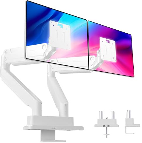 Claiks Monitor Halterung 2 Monitore für bis 17-49 Zoll Curved und Flach, Dual Monitor Halterung Höhenverstellbar Neigbar Schwenkbar Drehungbar,VESA 75x75/100x100 mm,Hält 1~20 kg,Weiß