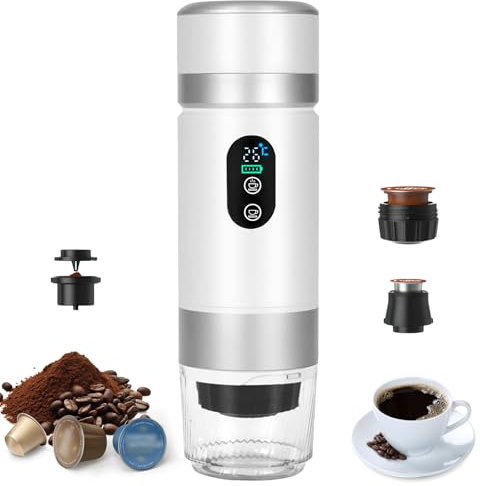Bostar Máquina de Café Portátil, 3 en 1 Eléctrica Portátil Expreso Recargable Cafetera Espresso Pantalla Digital Temperatura para Cápsulas Pequeñas o Grandes y Café Molido para Oficina Viaje Camping