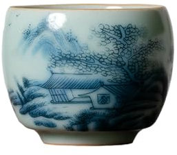 Horno antiguo Tianqing Ru, juego de té de cerámica Kung Fu para el hogar, 5 tazas: paisaje azul antiguo y blanco