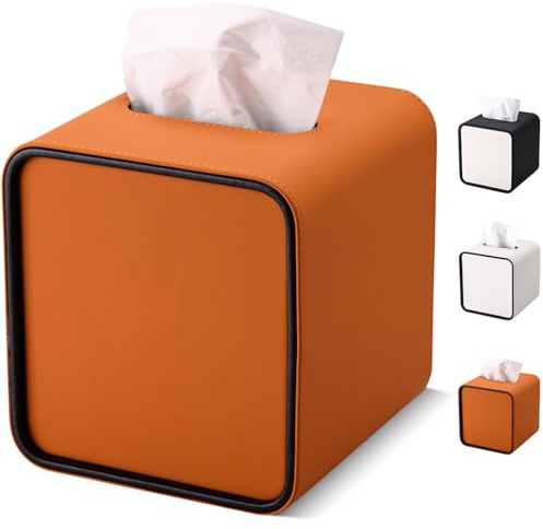 GORESE Taschentuchbox,Leder Quadratische Kosmetiktücherbox Papiertaschentuchhalter Taschentuchspender Tücherbox Tissue Box für Büro, Zuhause, Auto, Badezimmer(Orange)