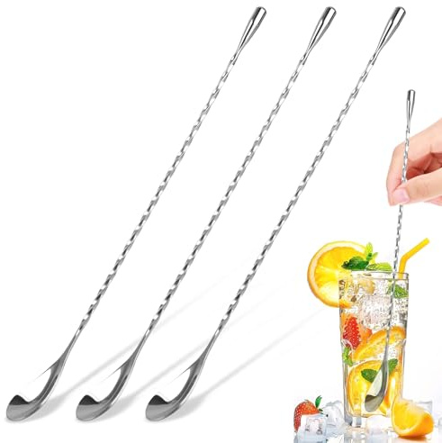 3 PCS 12 Inch Bar Spoon, Stirring Spoons, Cocktail Spoon, Drink Stirrer, Mixing Spoon Spiral Pattern Stainless Steel Cocktail Stirrers for Home or Bar Cocktail, Coffee, Ice Cream, Sundae (Silver)