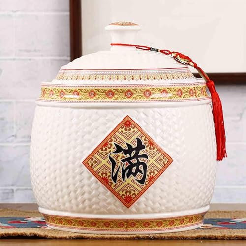 Olla arrocera china sellada de gran capacidad, cubo de arroz de cerámica con diseño de borla, recipiente de cerámica para almacenar granos, dispensador de arroz, cubo hermético para almacenar granos,