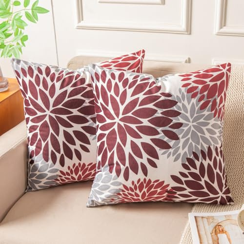 Miuyunya Samt Kissenbezug Weinrot 45x45 Kissenhülle Rot Grau 2er Set Sofakissen Samtkissen Dekorative Moderne Zierkissenbezüge Square für Wohnzimmer Herbst Winter Weihnachten Kissen Deko