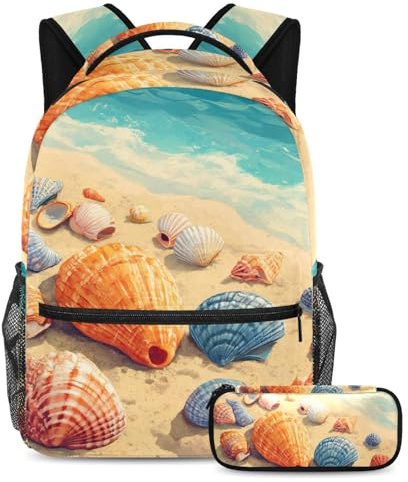 VAPOKF Strand-Sandmuschel-Schulranzen-Set für Teenager, Mädchen, Jungen, Kinder, Schüler-Büchertasche, Rucksack mit Federmäppchen für Grundschule, Sekundarstufe