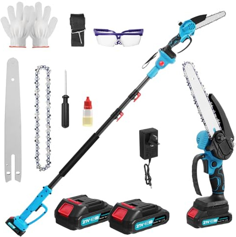 Cordless Pole Saw 6.7Ft, 2 in 1 Handheld 6 Inch Mini Chainsaw Cordless with Extension Pole, Long Reach Battery Powered Pole Saw for Tree Trimming Pruning and Wood Cutting with 2 Batteries
