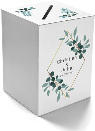 Ausgewählt verpackt Kartenbox Hochzeit selbst gestalten – Geschenkbox mit Namen des Brautpaares, Datum – Hochzeitsbox für Geldgeschenke – Briefbox, Geldbox am Geburtstag (Motiv-2, weiß)