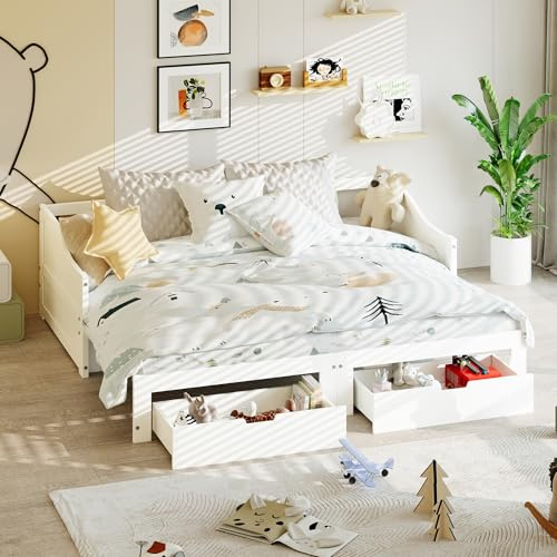 ADFUNIT Schlafsofa Massivholz 90/180x200 cm - Ausziehbett mit Lattenrost, 2 Schubladen, Rückenlehne und Armlehnen, Kinder Tagesbett Gästebett, Weiß (ohne Matratze)