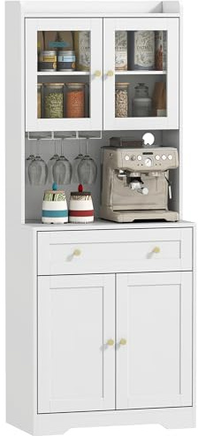 HOMCOM Küchenschrank, Buffetschrank mit Arbeitsplatte, verstellbaren Regalen, 4 Türen, Schublade, Vorratsschrank, Hochschrank mit Soft-Close-Funktion, Kabelloch, 68 x 38 x 170 cm, Weiß