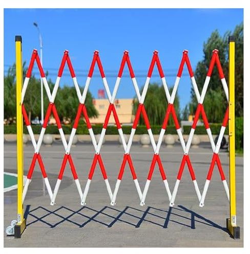 Expanderbar hopfällbar säkerhetsbarrikad med mobila hjul, röd och vit, infällbar trafikbarriär för konstruktion och garagesäkerhet, 9 x 1,2 m bärbar port