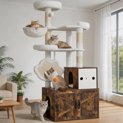 Heybly Árbol para Gatos con Mueble Arenero Oculto, Torre Rascador 162 cm para Gatos de Interior, Condominio de Madera con Casa, Plataformas, Tabla Rascadora y Juguetes, Marrón Vintage HCT105SR