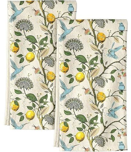 Birds Tea Towels Set of 2 Hand Towels for Kitchen Soft Thick Cotton Blend Absorbent Reusable Dish Cloths Lemon Bird Decorative Towels for Home Decor Housewarming Birthday Gifts (Birds and Lemons)