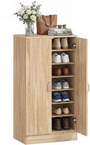 HOMCOM Schuhschrank mit 2 Türen, Schuhregal 55 x 35 x 108 cm, Naturholz | Schuhaufbewahrung, 6 Verstellbare Ablagen, Schuhkommode, Soft-Close-Funktion, für 14 Paar Schuhe
