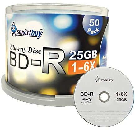 Smartbuy 50-disc 25gb 6X Bd-r BDR Blu-ray Single Layer Logo Top Surface Blank Data Recordable Media Disc with Cakebox/Spindle Packing