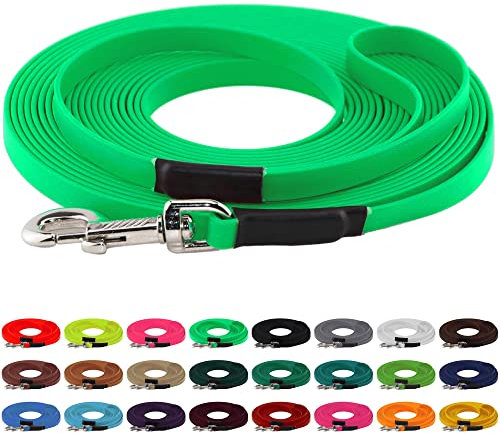 LENNIE BioThane Schleppleine, 13mm, Hunde 15-25kg, 15m lang, mit Handschlaufe, Neon-Grün, genäht