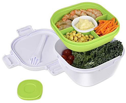 Upgraded Large Salad Bowl with Lid Leak-proof 57.5oz Stackable Salad Lunch Box with Larger Capacity Container and 3-Compartment Bento-Style Topping Tray, Sauce Box, Reusable Cutlery, BPA FREE(White)