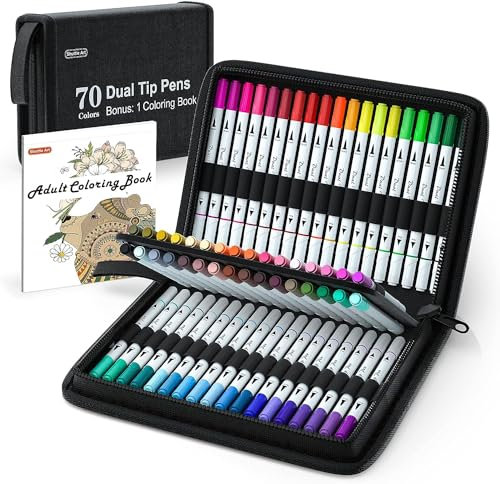 Shuttle Art Dual Brush Pens, 70 bunte doppelköpfige Pinselstifte mit weicher Spitze, zwei Schreibfedern: Fasermaler (1mm) und Fineliner(1-4mm), für Kinder und Erwachsene mit 1 Malbuch zum Schreiben