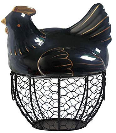 Egg Holder Chicken Shape Ceramics Metal Mesh Wire Egg Basket Decorative Kitchen Storage Baskets Holder Rack for Kitchen Storage Decoration, Fruit Snacks Organizer Rack Black &Black