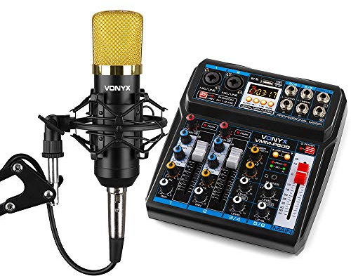 Vonyx Podcast Kit with VMM-P500 USB Audio Mixer, CMS400B Condenser Microphone, Desk Arm & Pop Filter for Live Streaming, Gaming, Broadcast & Studio Recording
