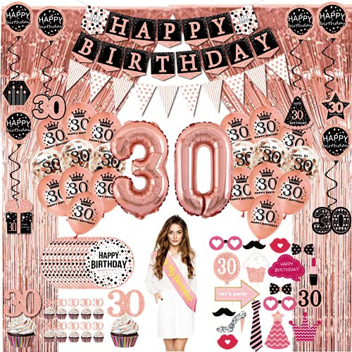 30 geburtstag deko frauen geschenk - (76pack) Roségold party Banner, Wimpel, Spiral Girlanden, ballons, Lametta Vorhänge, Cupcake Topper, Pappteller, Foto Requisiten, Geburtstag Schärpe