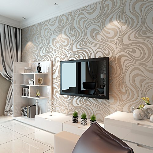 MEAIHOME Moderne abstrakte 3D-Kurven Vlies-Beflockungs-Streifen für Tapetenrolle 0,7 m (B) x 8,4 m (L) = 5,88 m² (63,11 qm) (Creme & Grau)