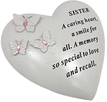Personalised Grave Ornament/Memorial Plaque with Heart With 3 butterflies & Blue Gems | Graveside Decoration Gift in the Loving Memory of your Loving Deceased Ones (Sister)