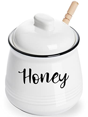 HAOTOP Farmhouse Porcelain Honey Jar with Dipper and Lid Set 12oz,Easy to Clean (White)
