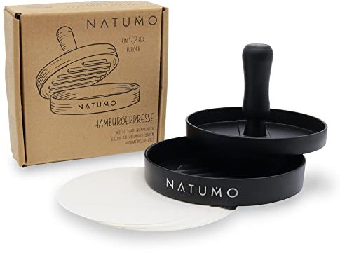 NATUMO Burgerpresse Set aus Hamburgerpresse und Burger Papier (50x Trennpapier), Burger Maker aus Aluguss (Ø 11cm, 200g), Profi Burger Pattie Presse mit Antihaftbeschichtung (Schwarz)