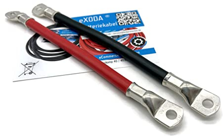 eXODA Batteriekabel Set 50mm² 20cm M8 Kabelschuhe 1680A 12V | Batteriekabel, 20 cm Länge, 50 mm² Querschnitt, 1680 A Stromstärke, M8 Anschluss, hitzebeständig bis 70 °C, rot und schwarz