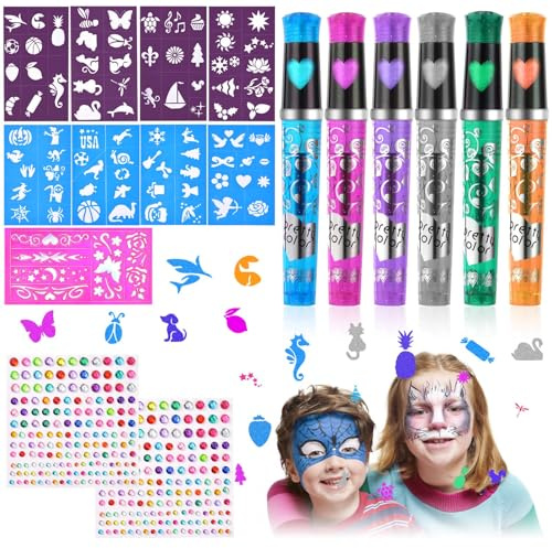 AOMIG Tattoo Stifte Kinder, Glitzer Farben Marker Tatoostift, Tattoo Gelstifte Set für Kinder mit 6 Tatoostift, 9 Schablonen und 2 Blätter Glitzersteine Gesicht