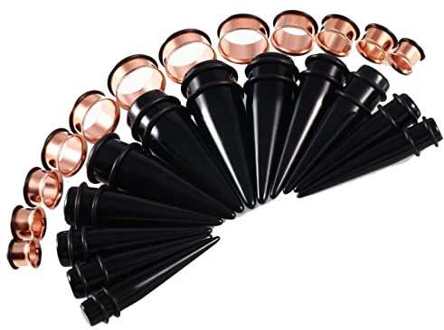 Dehnstäbe Edelstahl, Tunnel Expander mit 24PCS Roségold Kegel und Doppelt Aufgeweitet Body Piercing Schmuck Geschenk Set