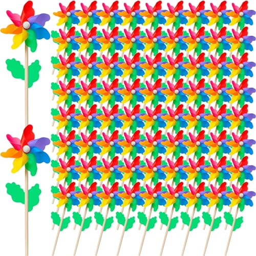 40 Pcs Rainbow Flower Pinwheels 9.84 Inch Plastic Colorful Windmills Garden Pinwheels Flower Wind Spinners with Wood Sticks for Kids Outdoor Garden Yard Decoration Rainbow Party Favors