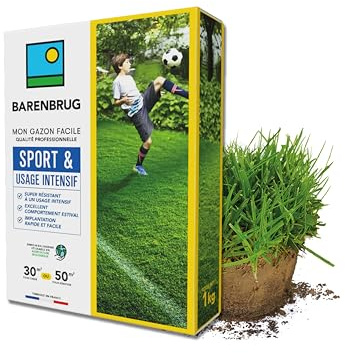 BARENBRUG - Gazon Sport & Usage intensif - Super Résistant - Excellent Comportement Estival - Implantation Rapide et Facile - Engrais Compatible Agriculture Biologique - Fabriqué en France - 1KG