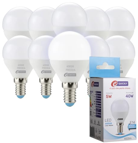E-QUICKLY lampadine led e14-5w equivalenti a 40w, led luce fredda 6000k, lampadine sfera, e14 lampadina attacco piccolo. 450 lumen a basso consumo, lampadina led e14 a risparmio energetico, 10PZ