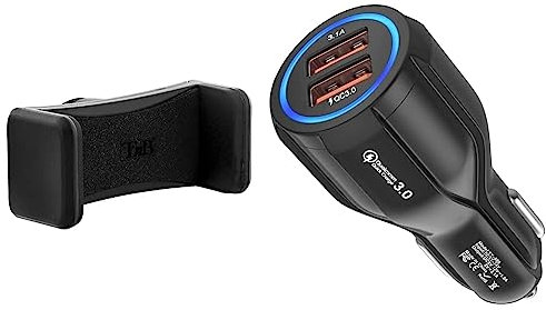 T'nB Tnb - Support Grille d'aération Compact Universel pour Smartphone & Hoppac Chargeur de Voiture USB, 2 Ports, Quick Charge 3.0 Allume-Cigare Compatible avec iPhone, iPad Samsung Galaxy