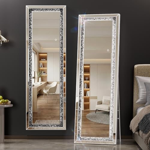 Hasipu Standspiegel mit LED Beleuchtung und Kristallsteinen, Ganzkörperspiegel 3 Farbtemperaturen für Schlafzimmer, Wohnzimmer, Ankleidezimmer, Rechteckig-Silber, 160 x 50 cm